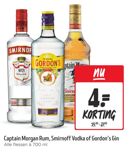 Aanbieding: Captain Morgan Rum, Smirnoff Vodka of Gordon's Gin