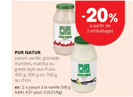 Offre: Yaourt vanille, grenade, myrtilles, matcha ou greek style aux fruits