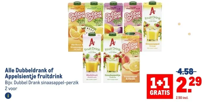 Aanbieding: Dubbeldrank of Appelsientje fruitdrink