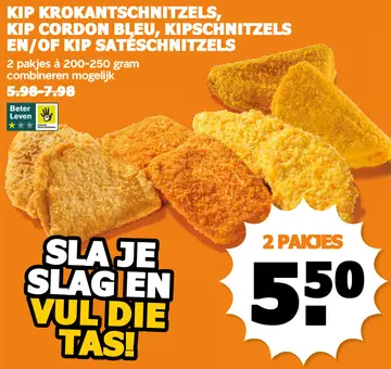 Aanbieding: Kip krokantschnitzels, kip cordon bleu, kipschnitzels en/of kip satéschnitzels