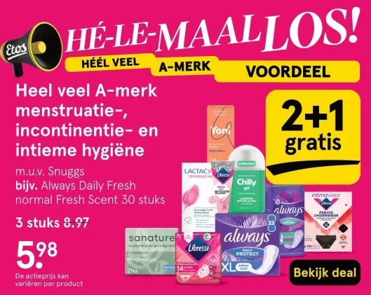 Aanbieding: A-merk menstruatie-, incontinentie- en intieme hygiëne