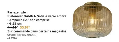 Offre: Plafonnier GAMMA Sofie à verre ambré