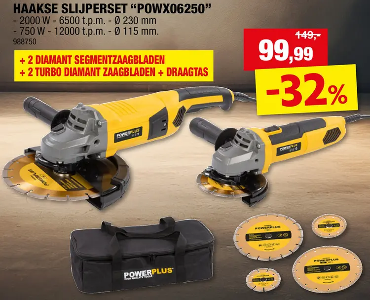Promotie: Powerplus POWX06250 haakse slijper 2000W 230mm + 750W 115mm
