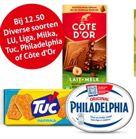 Aanbieding: Gratis bezorging bij 12,50 bij diverse soorten LU, Liga, Milka, Tuc, Philadelphia of Cote d'Or