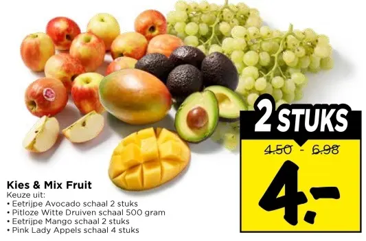 Aanbieding: Kies & Mix Avocado, Pitloze Witte Druiven, Mango en Pink Lady Appels