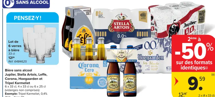 Offre: Bière sans alcool Jupiler, Stella Artois, Leffe, Corona, Hoegaarden et Tripel Karmeliet