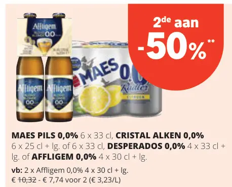 Promotie: Maes pils 0,0%, Cristal Alken 0,0%, Desperados 0,0% of Affligem 0,0%