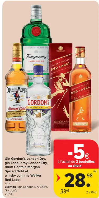 Offre: Gin Gordon's London Dry, gin Tanqueray London Dry, rhum Captain Morgan Spiced Gold et whisky Johnnie Walker Red Label