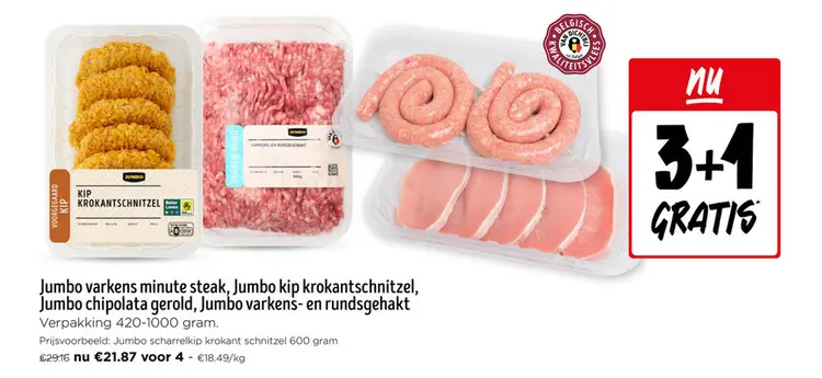 Promotie: Varkens minute steak, kip krokantschnitzel, chipolata gerold, varkens- en rundergehakt