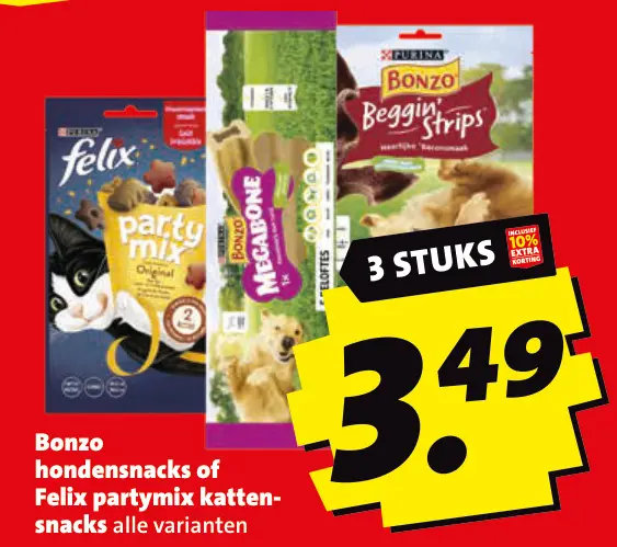Aanbieding: Bonzo hondensnacks of Felix partymix kattensnacks