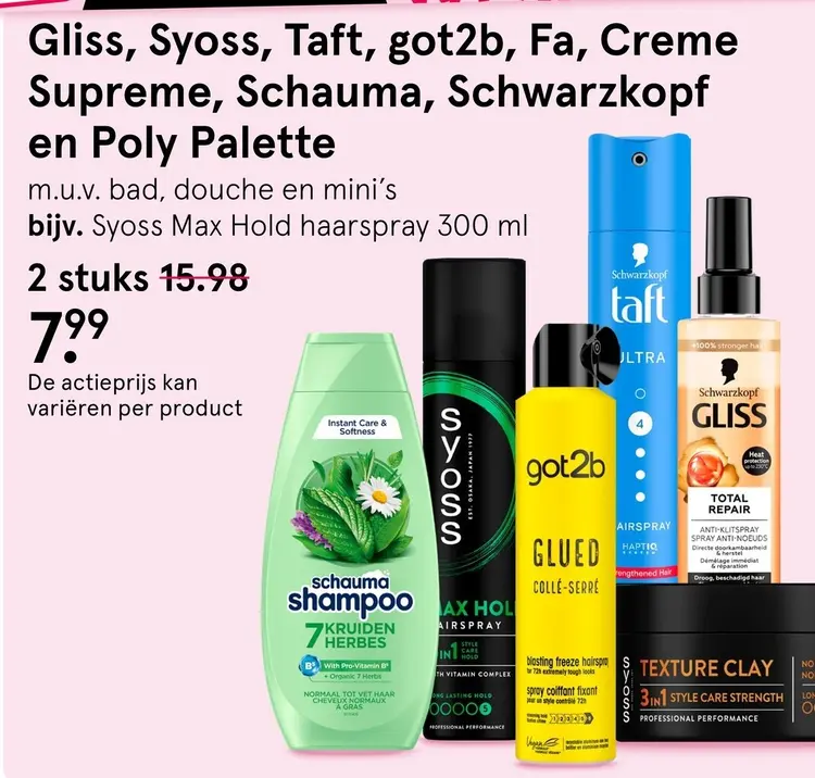 Aanbieding: Gliss, Syoss, Taft, got2b, Fa, Creme Supreme, Schauma, Schwarzkopf en Poly Palette
