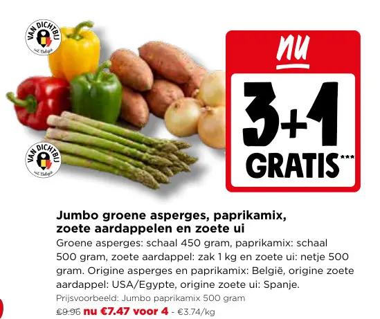 Promotie: groene asperges, paprikamix, zoete aardappelen en zoete ui