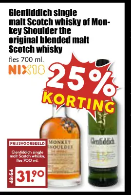 Aanbieding: Glenfiddich single malt Scotch whisky of Monkey Shoulder the Original Blended Malt Scotch Whisky