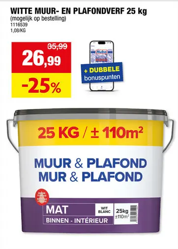 Promotie: Hubo muur- en plafondverf 25kg mat wit