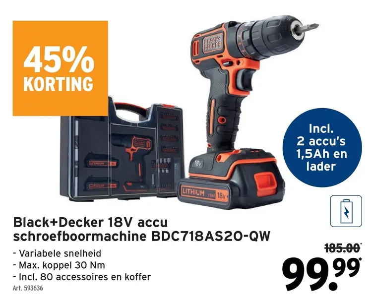 Promotie: Black+Decker 18V accu schroefboormachine BDC7