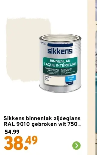 Aanbieding: Sikkens binnenlak zijdeglans RAL 9010 gebroken wit