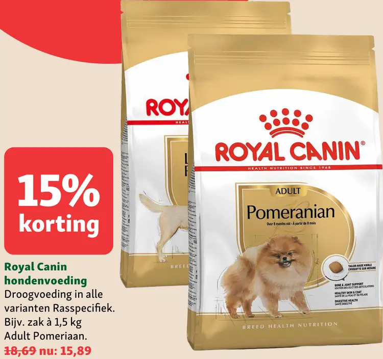 Aanbieding: Hondenvoeding Droogvoeding in alle varianten Rasspecifiek. Bijv. zak à 1,5 kg Adult Pomeriaan