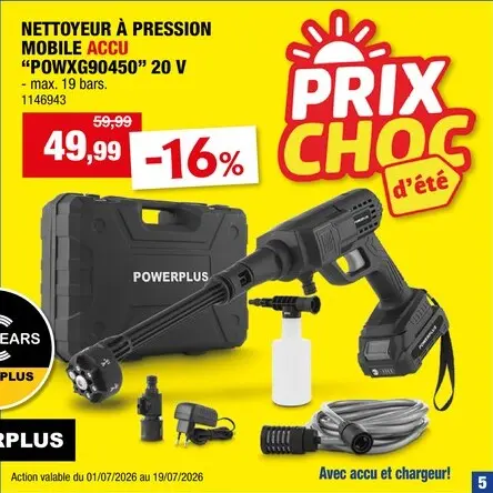 Offre: Powerplus POWXG90450 nettoyeur haute pression sans fil 20V Li-Ion + chargeur