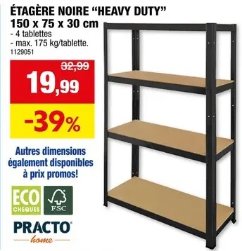 Offre: Practo Home Heavy Duty étagère 150x75x30 cm métal/bois noir
