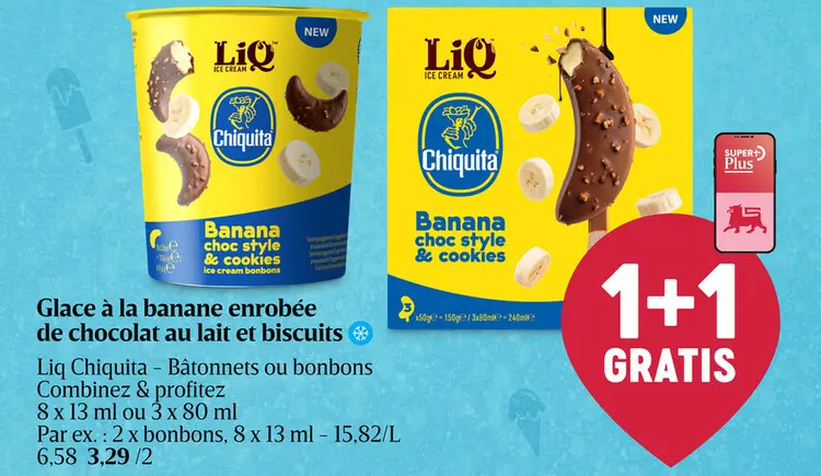 Offre: Glace à la banane enrobée de chocolat au lait et biscuits