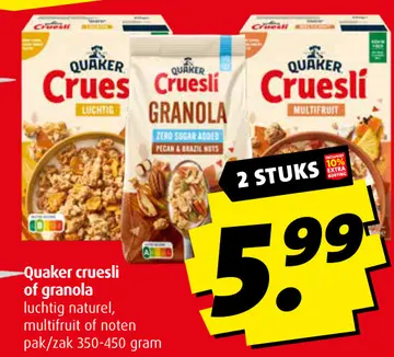 Aanbieding: Quaker cruesli of granola