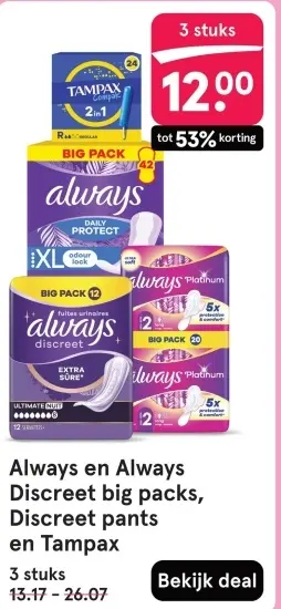 Aanbieding: Always en Always Discreet big packs, Discreet pants en Tampax