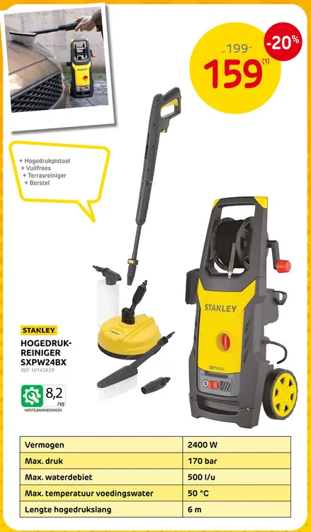 Promotie: Stanley hogedrukreiniger sxpw24bx - 2400w - 170 bar - 500l/u - slang van 6m - terrasreiniger - hogedrukpistool