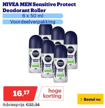 Aanbieding: NIVEA MEN Sensitive Protect Deodorant Roller - 6 x 50 ml - Voordeelverpakking
