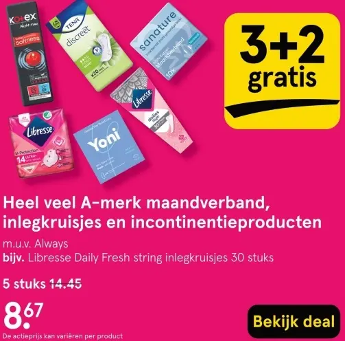 Aanbieding: A-merk maandverband, inlegkruisjes en incontinentieproducten
