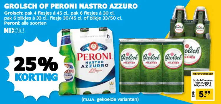 Aanbieding: Grolsch of Peroni nastro azzuro