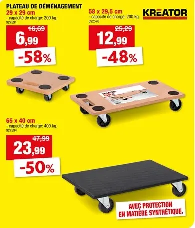 Offre: Kreator KRT670001 plateau roulant 58x29,5 cm 200kg