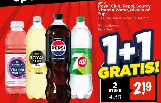 Aanbieding: Royal Club, Pepsi, Sourcy Vitamin Water, Rivella of 7up