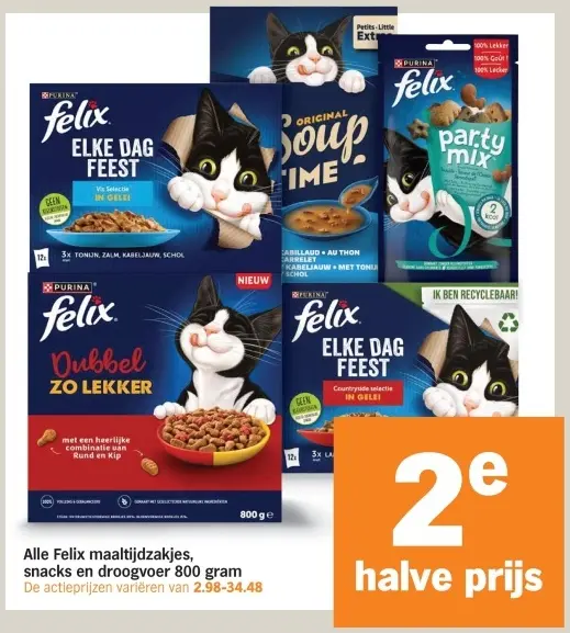 Aanbieding: Alle Felix maaltijdzakjes, snacks en droogvoer 800 gram