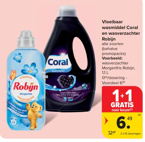 Promotie: Vloeibaar wasmiddel Coral en wasverzachter Robijn