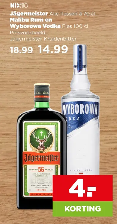 Aanbieding: Jägermeister, Malibu Rum en Wyborowa Vodka