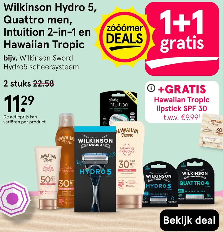 Aanbieding: Wilkinson Hydro 5, Quattro men, Intuition 2-in-1 en Hawaiian Tropic
