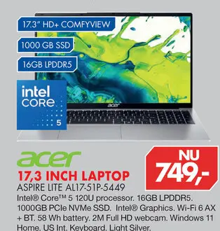 Aanbieding: 17,3 inch laptop aspire lite al17-51p-5449