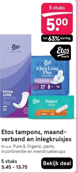 Aanbieding: Etos tampons, maandverband en inlegkruisjes