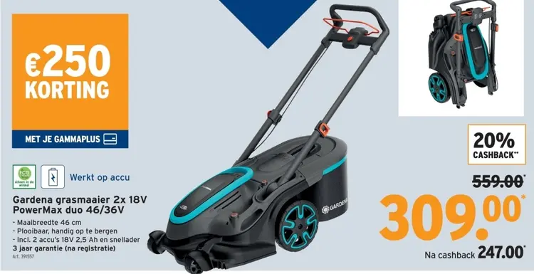 Promotie: Gardena grasmaaier 2x 18V PowerMax duo 46/36V