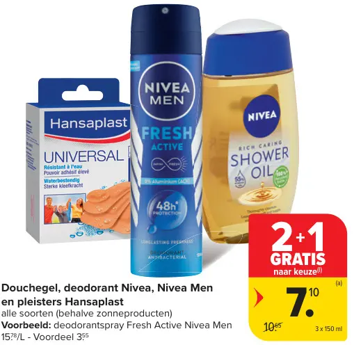 Aanbieding: Douchegel, deodorant Nivea, Nivea Men en pleisters Hansaplats