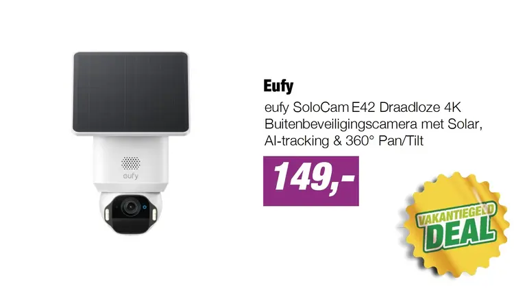 Aanbieding: eufy SoloCam E42 Draadloze 4K Buitenbeveiligingscamera met Solar, AI‑tracking & 360° Pan/Tilt