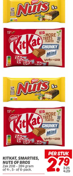 Aanbieding: Kitkat, smarties, nuts of bros