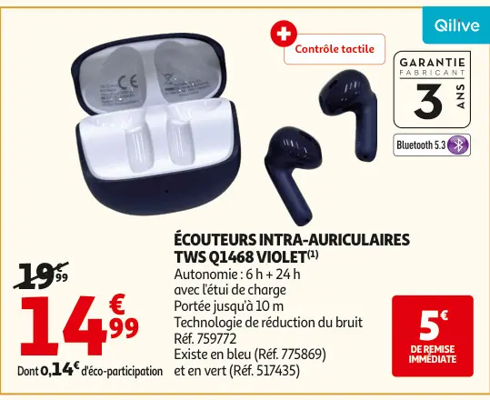 Promotie: Écouteurs intra-auriculaires tws q1468 violet