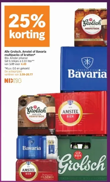 Aanbieding: Grolsch, Amstel of Bavaria multipacks of kratten