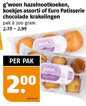 Aanbieding: g'woon hazelnootkoeken, koekjes assorti of Euro Patisserie chocolade krakelingen