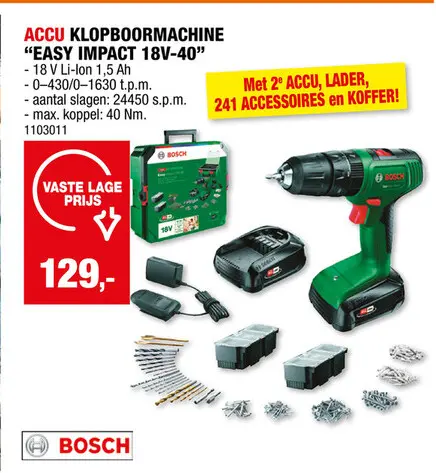 Promotie: Bosch EasyImpact 18V-40 accu klopboorschroefmachine 18V Li-Ion met 2 batterijen + lader + 241 accessoires + SystemBox