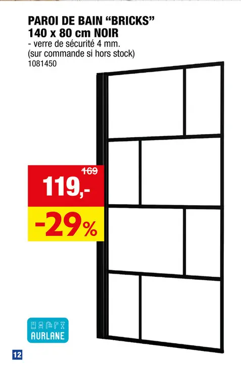 Offre: Aurlane pare-baignoire Bricks 140x80 cm noir