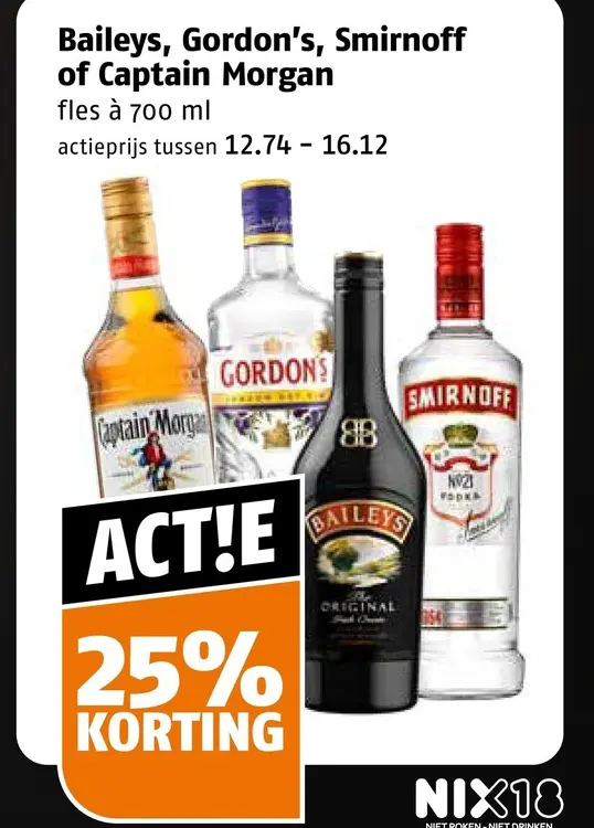 Aanbieding: Baileys, Gordon's, Smirnoff of Captain Morgan