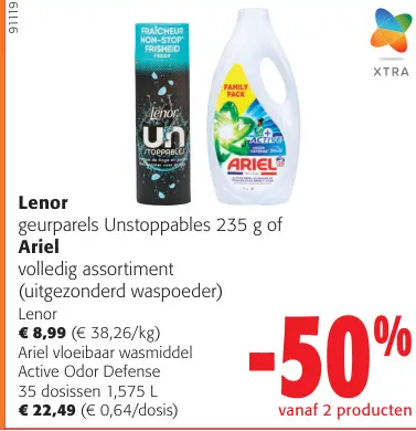 Promotie: Lenor geurparels Unstoppables of Ariel vloeibaar