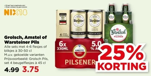 Aanbieding: Grolsch, Amstel of Warsteiner Pils